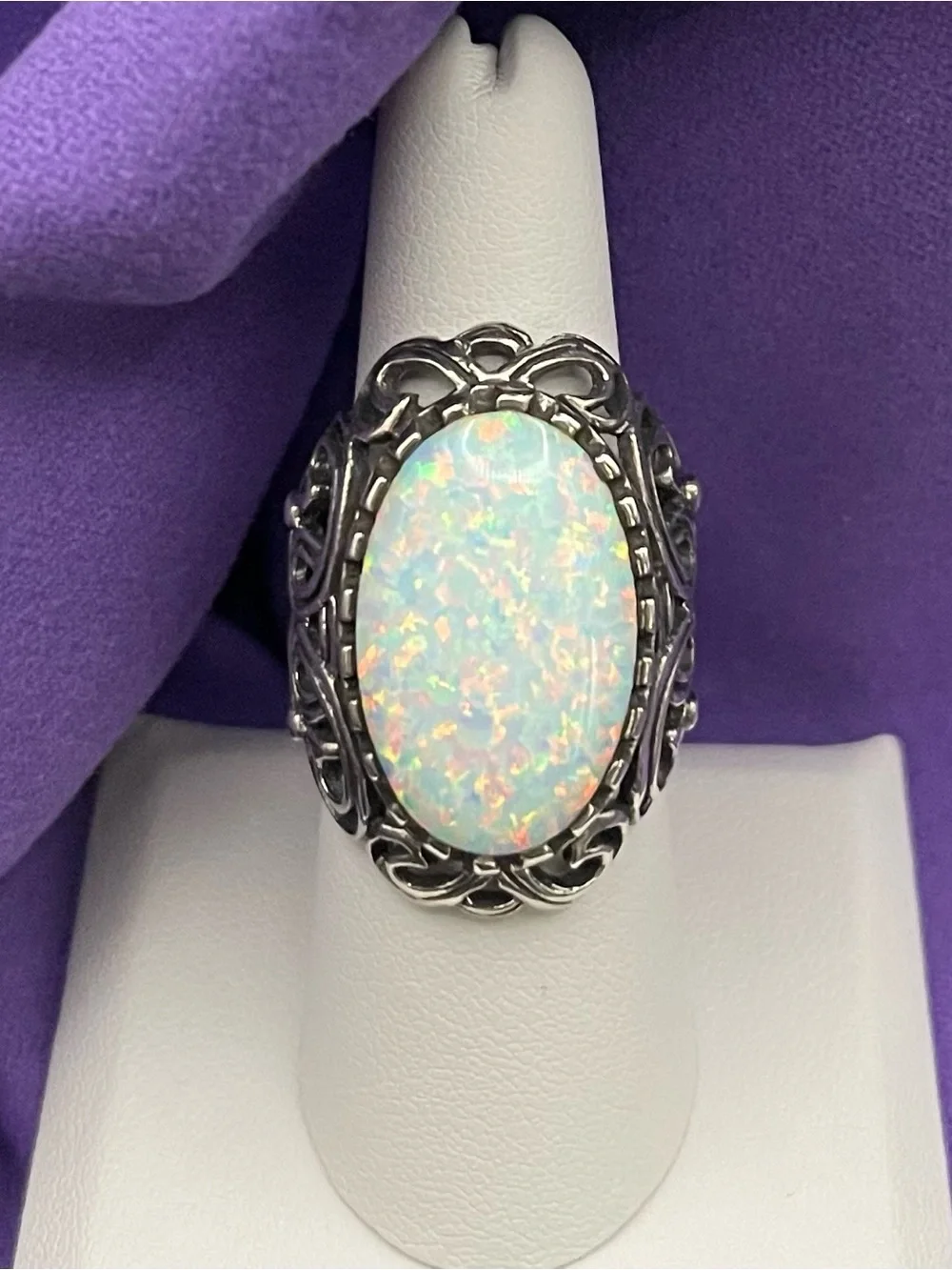 VTG .925 SS Elegant Elongated Openwork Synthetic Opal Ring sz 7.5   9.84 g